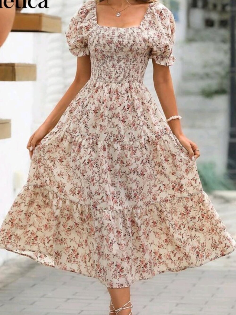 Floral puff sleeves dress S
